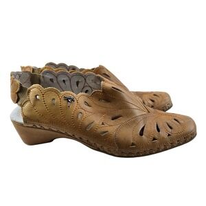 Pikolinos Romana Tan Leather Laser Cut Floral Slingback Wedge Sandals Womens 40